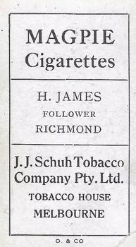 1921 J.J.Schuh Magpie Cigarettes Victorian League Footballers #NNO Hugh James Back